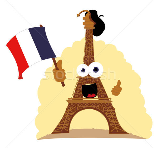 Funny Eiffel tower holding a French flag vector illustration