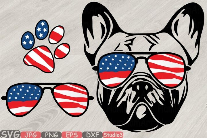 Bulldog USA Flag Glasses Paw Silhouette SVG French Dog