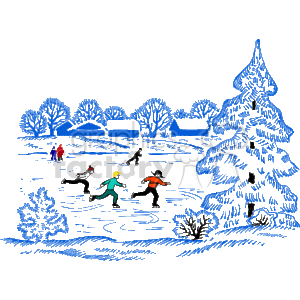 Children ice skating on a frozen pond clipart