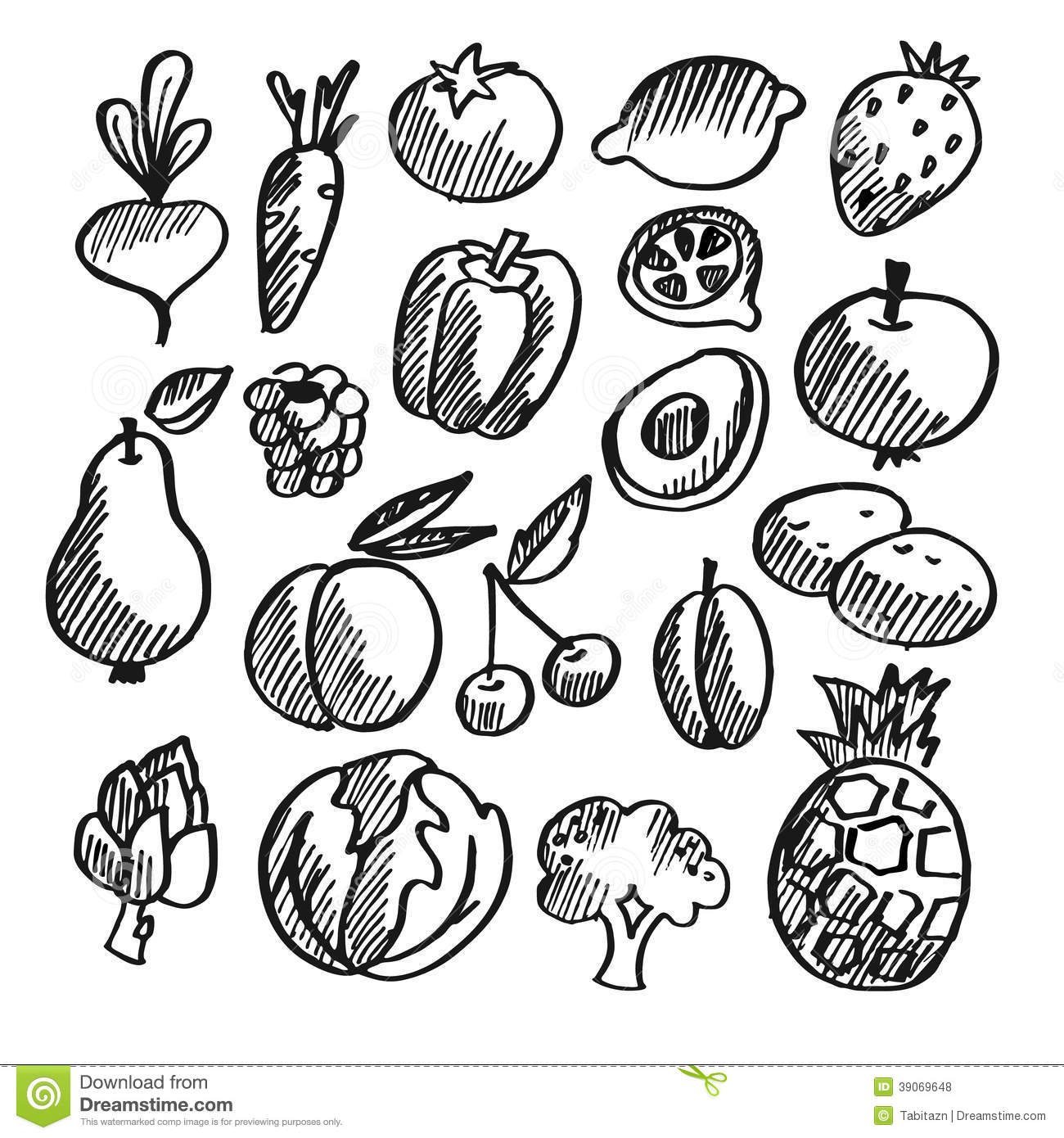 Fruit And Veg Pencil Drawing Black And White Fruits