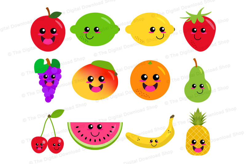 Happy Fruit Clipart, Cute Fruit Graphics, Kawaii Food