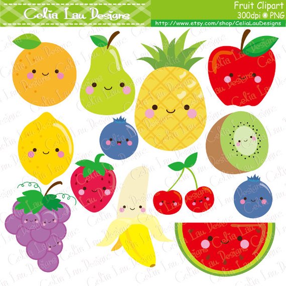 Kawaii Fruit Clipart, Cute Fruit Clip Art , Food clipart