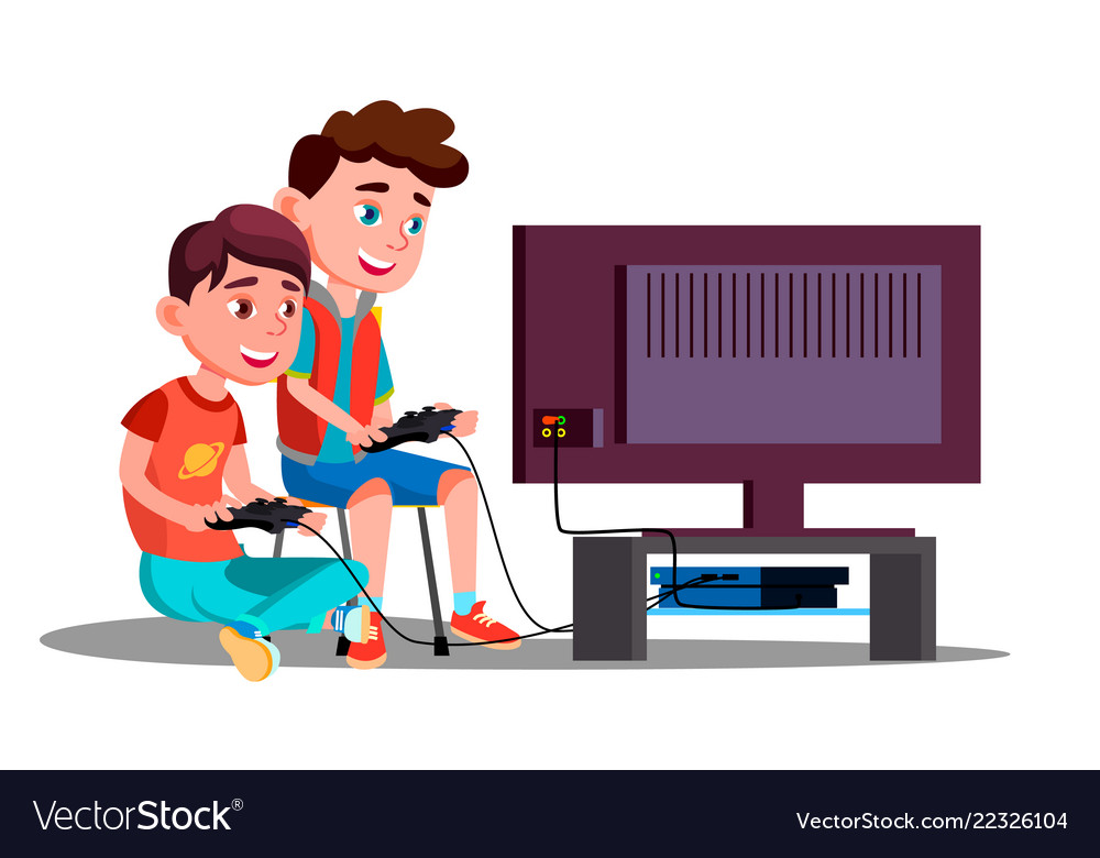 Two children boy play a video game