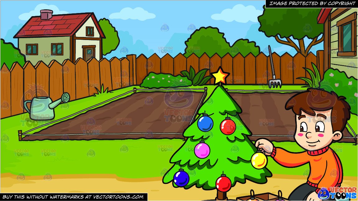 A Boy Decorating A Christmas Tree and Empty Backyard Vegetable Garden  Background