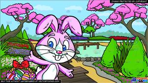 An Easter Bunny Collecting Colorful Eggs and A Japanese Garden Background