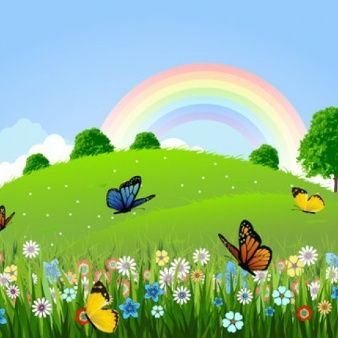 Vector Green landscape with butterfly and rainbow