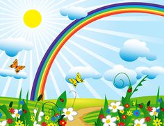 Beautiful garden with rainbow background clipart