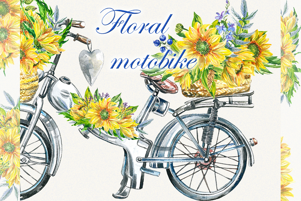 Bike clipart, garden clipart, sunflower clipart, watercolor