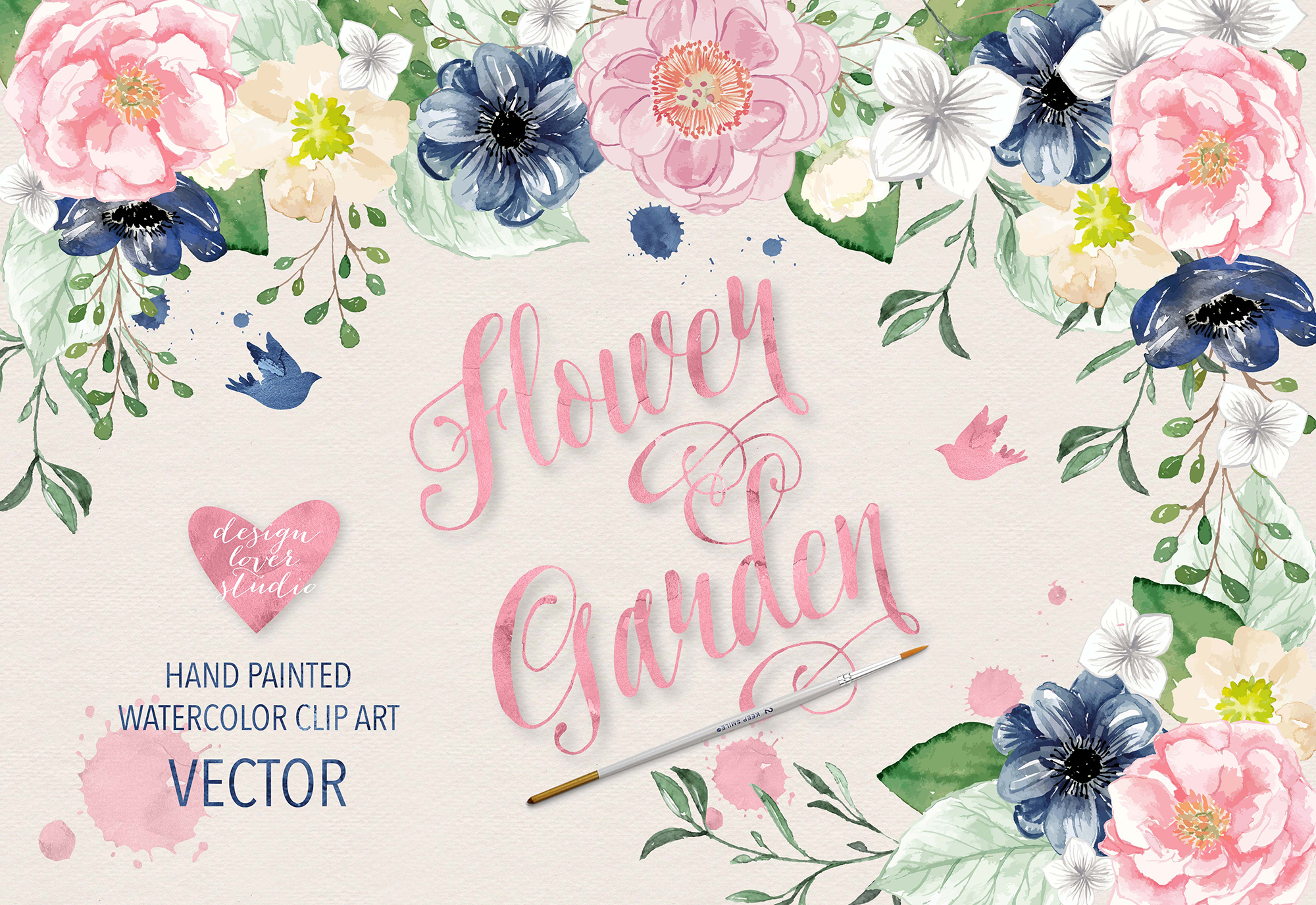Vector Watercolor Navy blue and Pink Flower Garden clipart