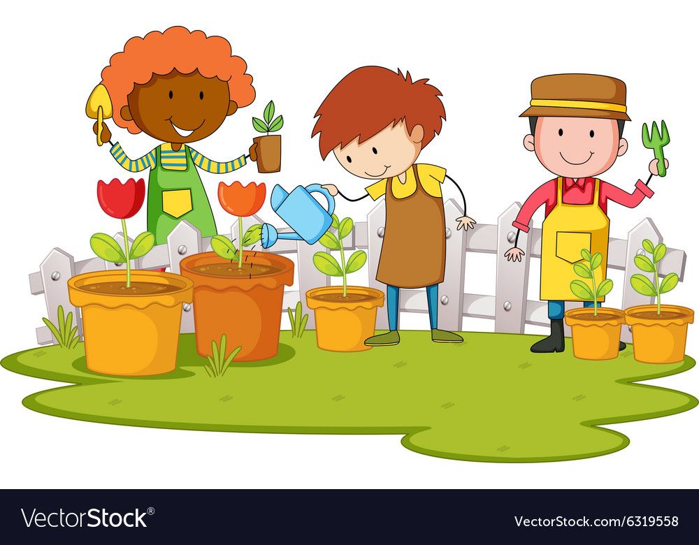 Gardeners planting tree and flower in garden Vector Image