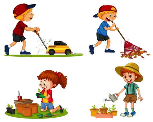 Boys and girl do different gardening works