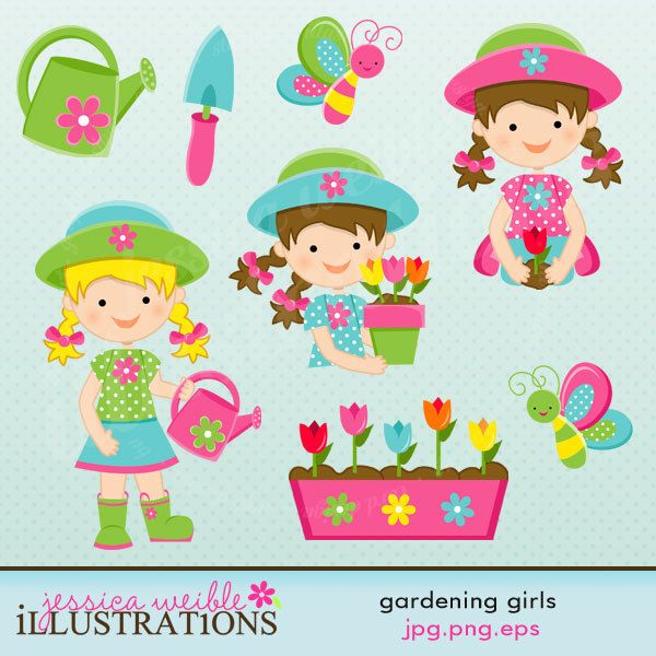 Gardening Girls Cute Digital Clipart, Garden Clip Art