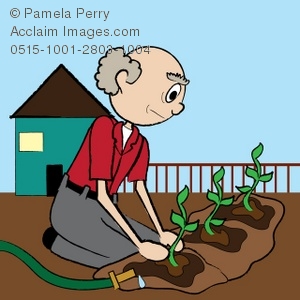 Clip Art Illustration of an Old Man Planting a Garden