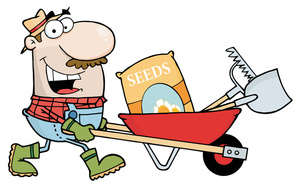 Clipart Illustration of a Man Pushing a Wheelbarrow With