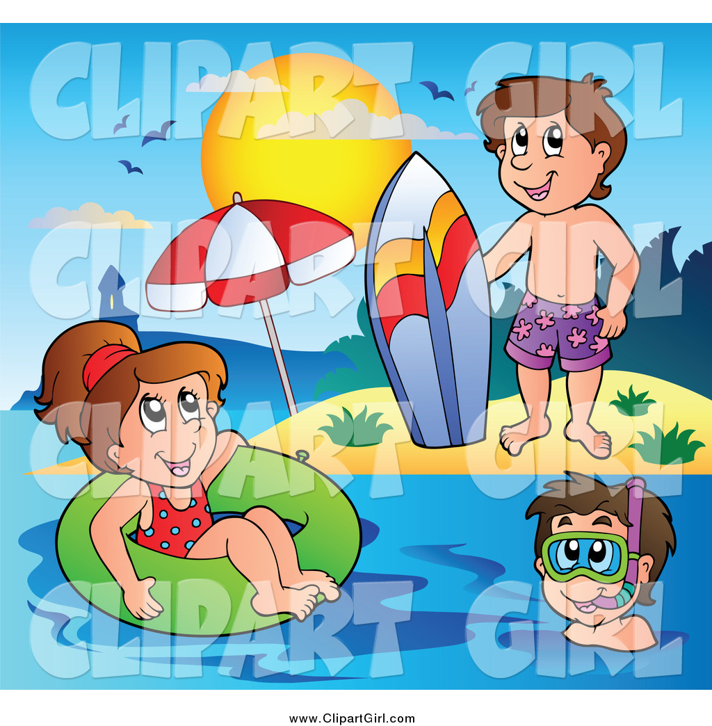Clip Art of a Playful White Summer Kids with a Surfboard