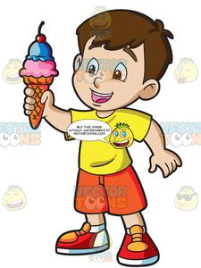 A Young Boy Grabs A Cone Of Ice Cream On A Hot Day