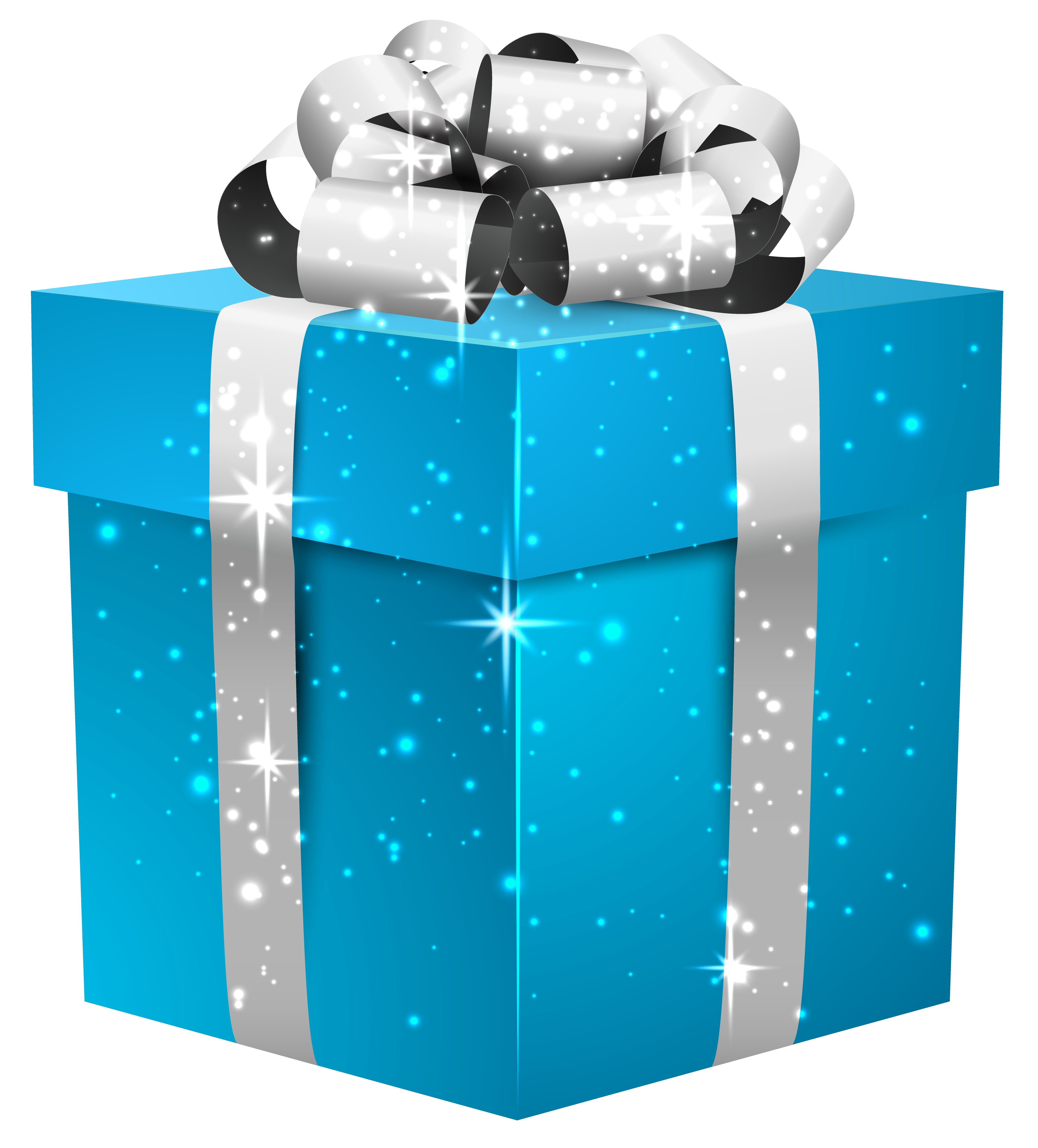 Blue Shining Gift Box with Silver Bow PNG Clipart Image