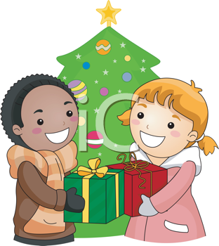Royalty Free Clipart Image of a Boy and Girl Exchanging