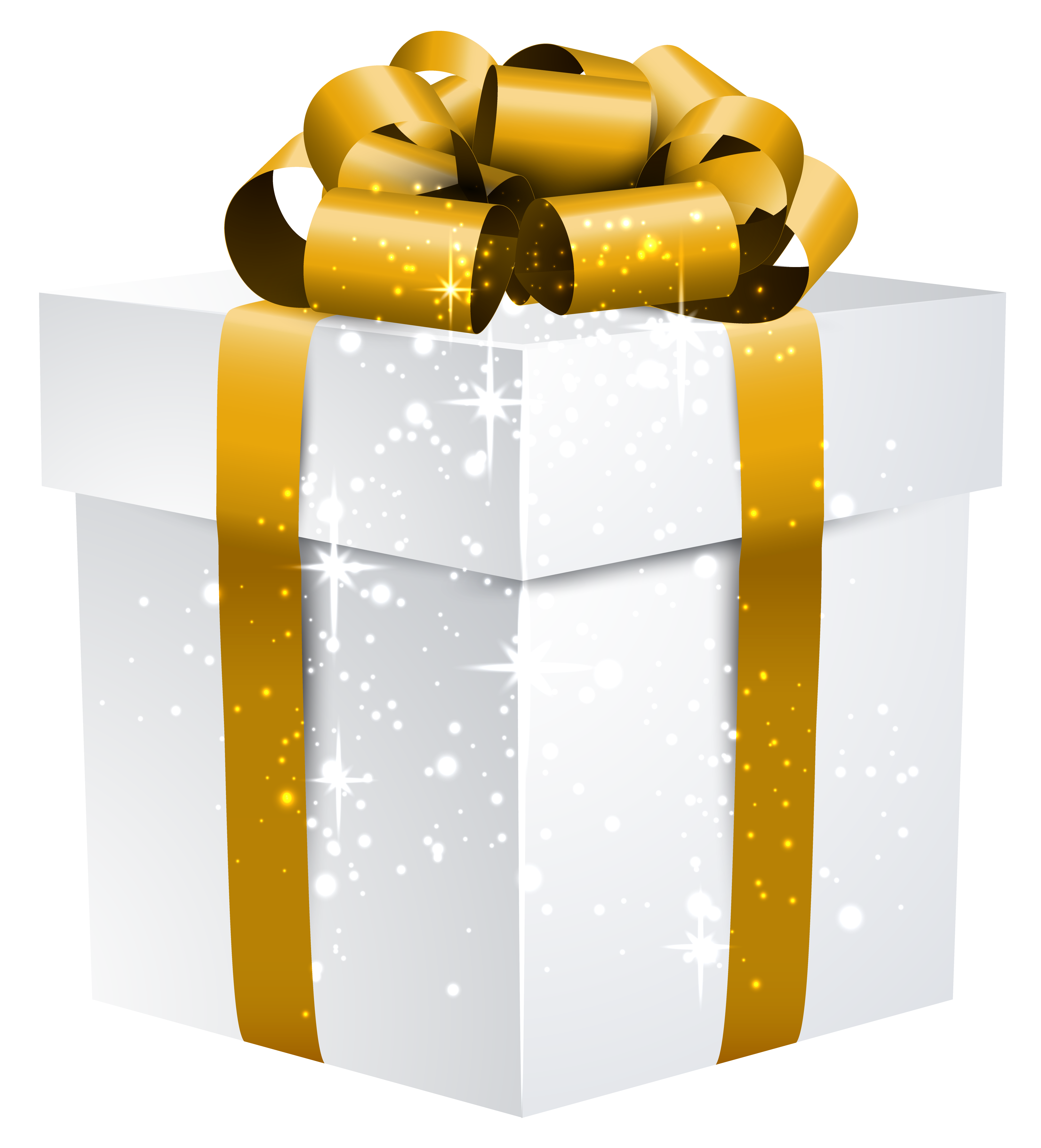 White Shining Gift Box with Gold Bow PNG Clipart Image