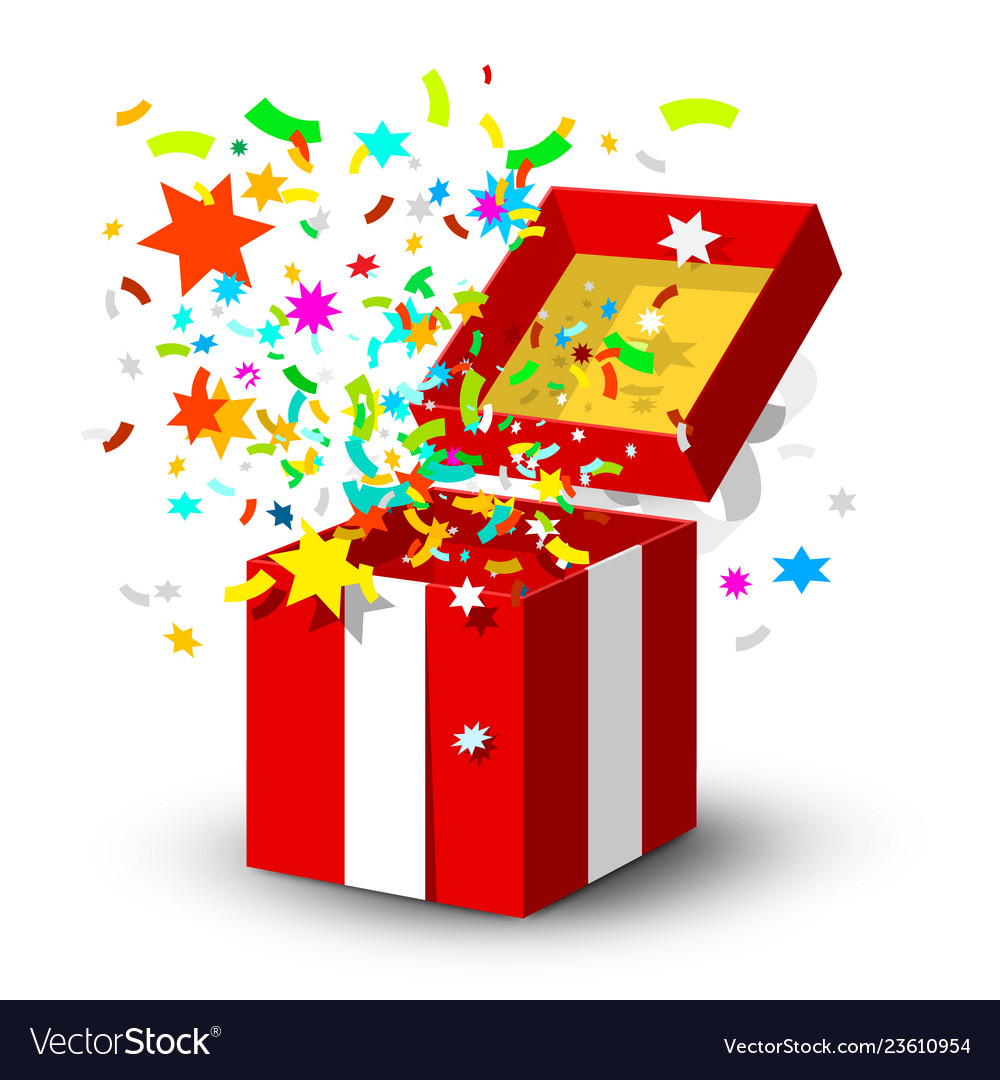 Open red gift box with surprise confetti isolated