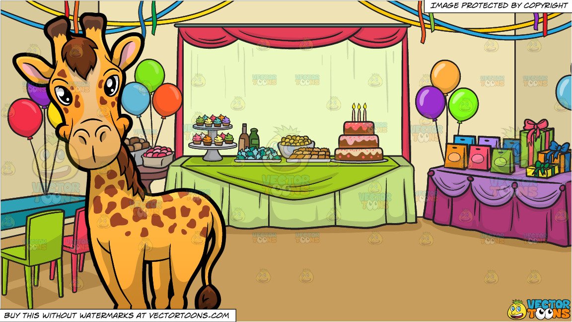 A Cute Looking Giraffe and A Birthday Party Background