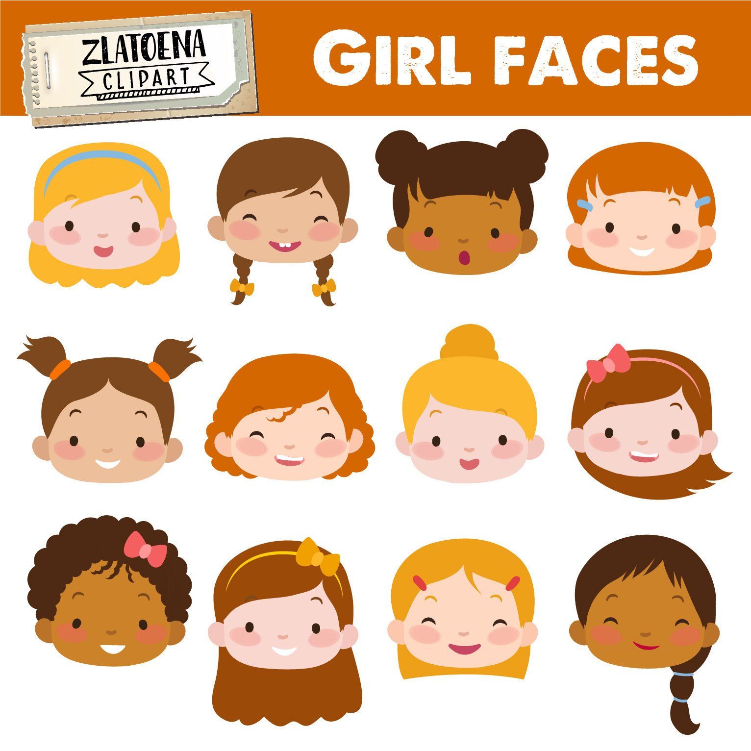 Cute Girl Faces clipart Kids Faces Digital Clipart Cute Kids