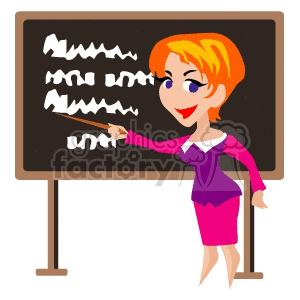 Teacher in front of the class room pointing to the blackboard clipart