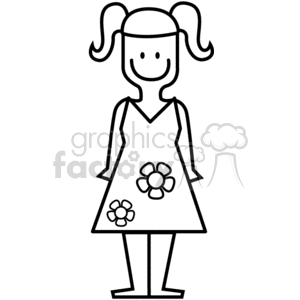 Black and White Young Girl with a Flower Dress on and Piggy Tails clipart