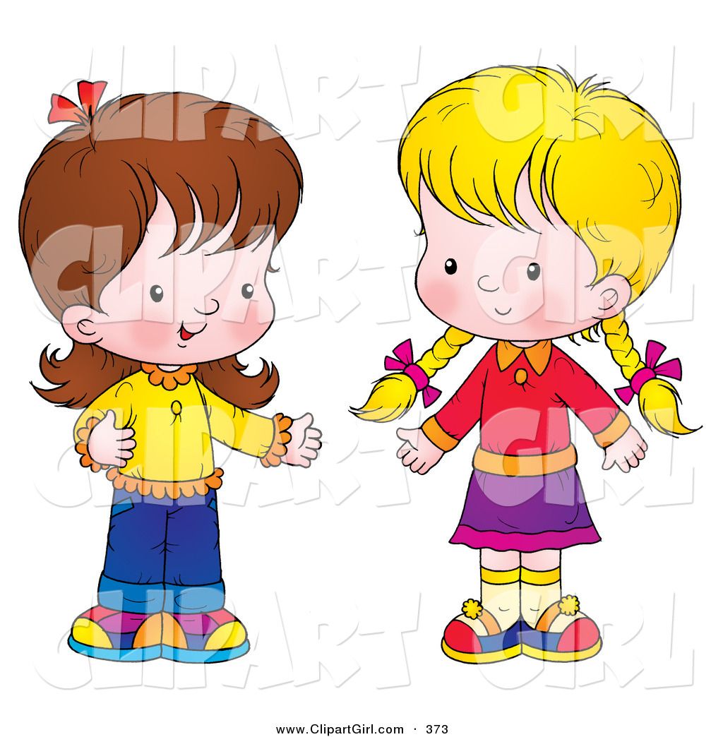 Clip Art of a Pair of Little Girls Standing Together and