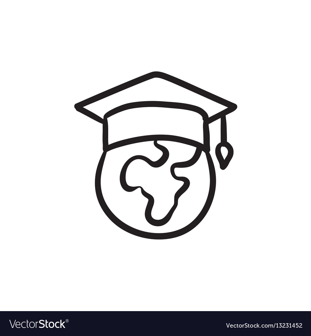 Globe in graduation cap sketch icon