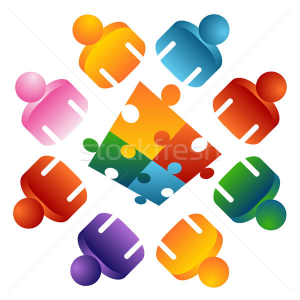 Puzzle Solving Team People vector illustration