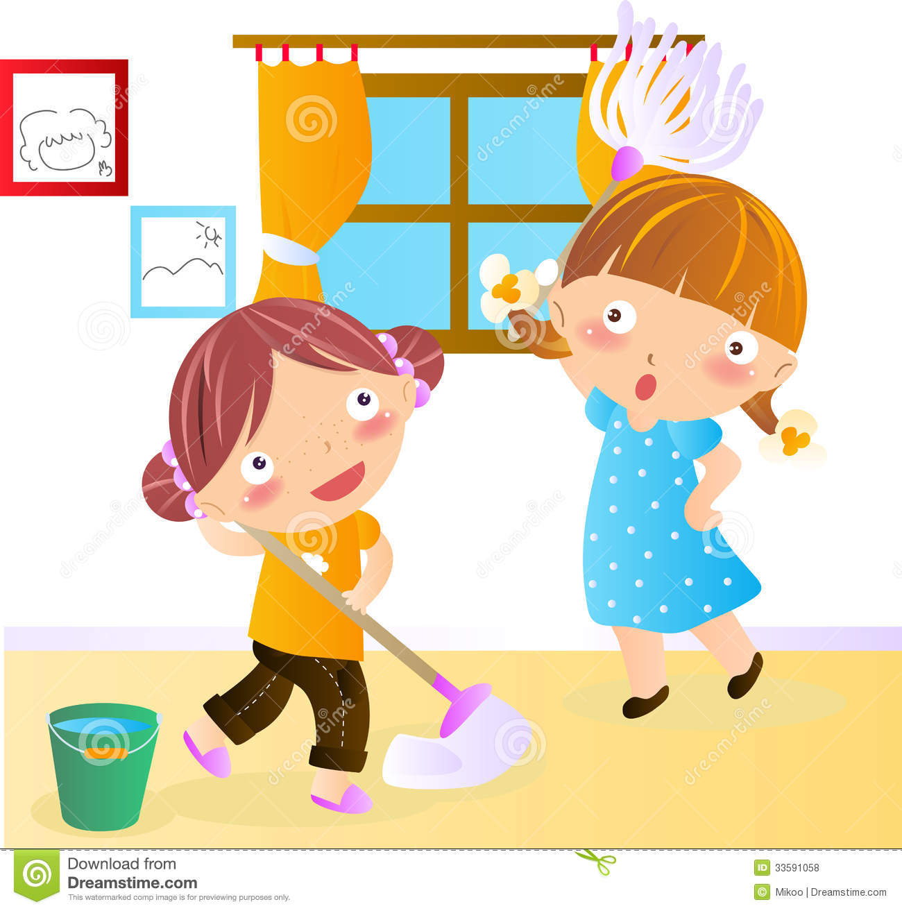 Family cleaning the house clipart