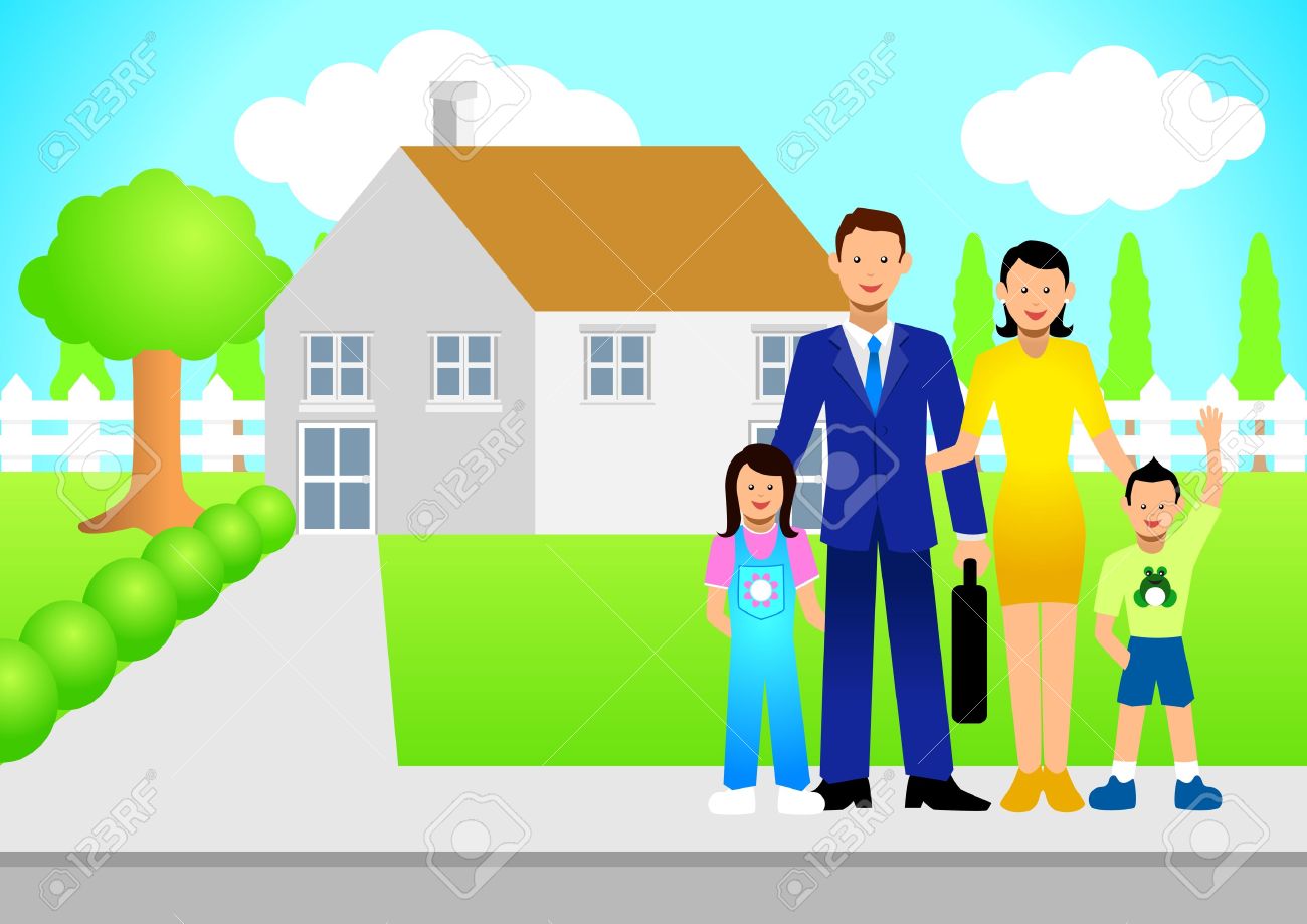 Family in front of home clipart