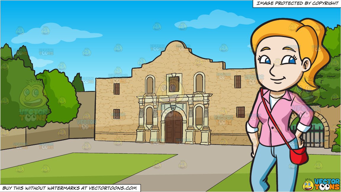 A Young Woman Ready To Go Out and The Alamo Background