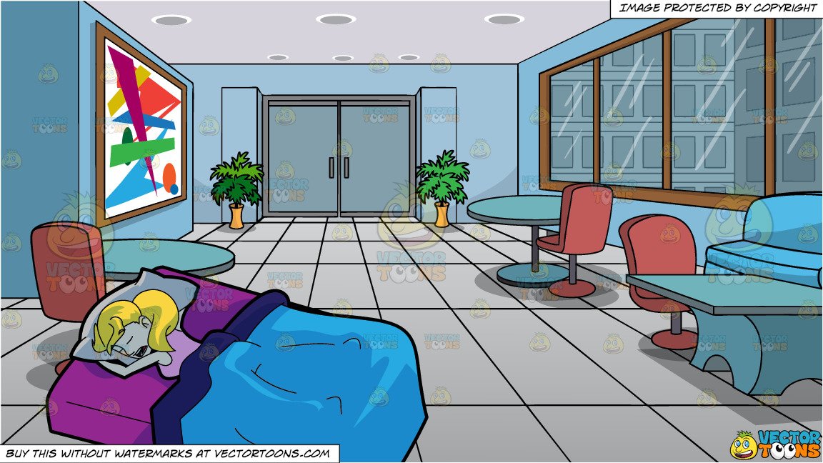 A Woman In Deep Sleep On Her Bed and A Modern Office Lobby Background