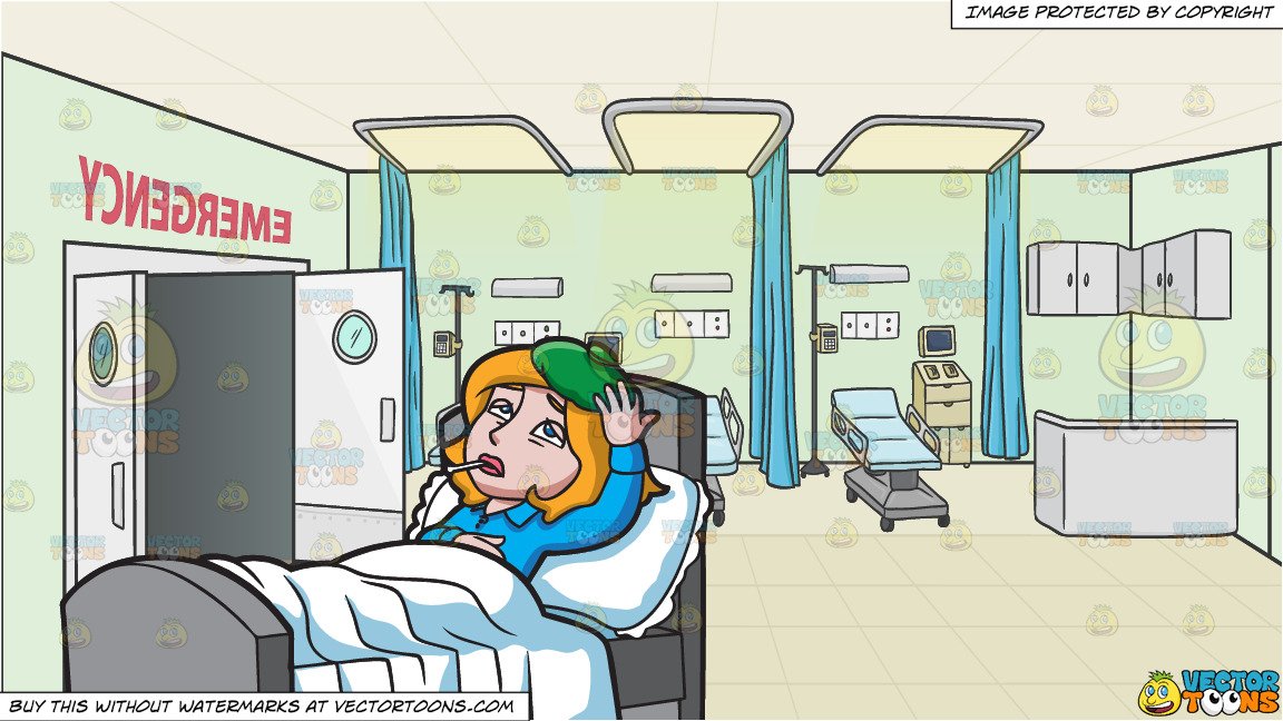 A Sick Woman In Bed and Hospital Emergency Room Background