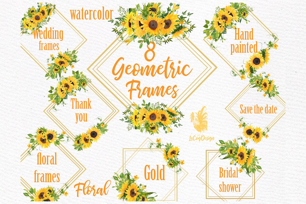 Geometric Sunflower Gold Frames, Wedding Frames clipart