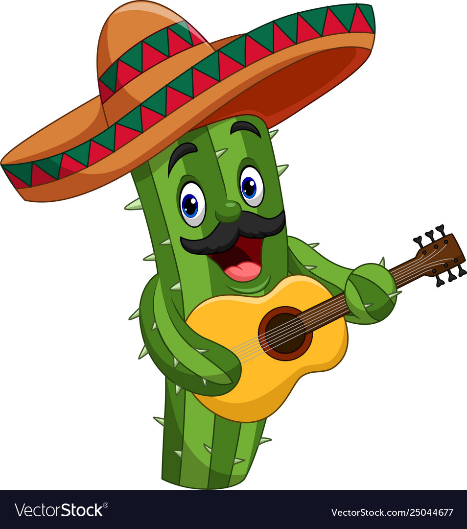 Cartoon mexican cactus playing guitar