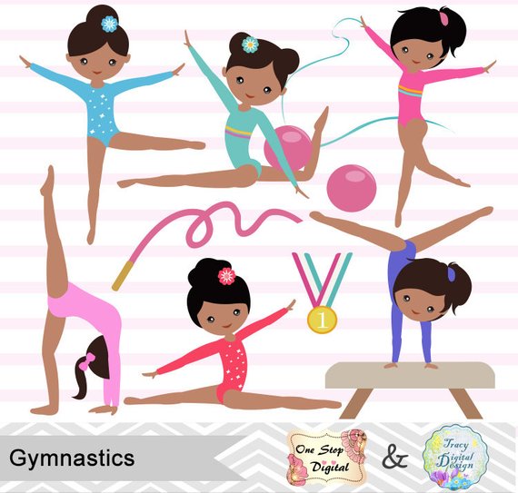 African American Girls Gymnastics Digital Clipart, Gymnastic