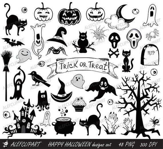 Happy Halloween designs set black and white elements
