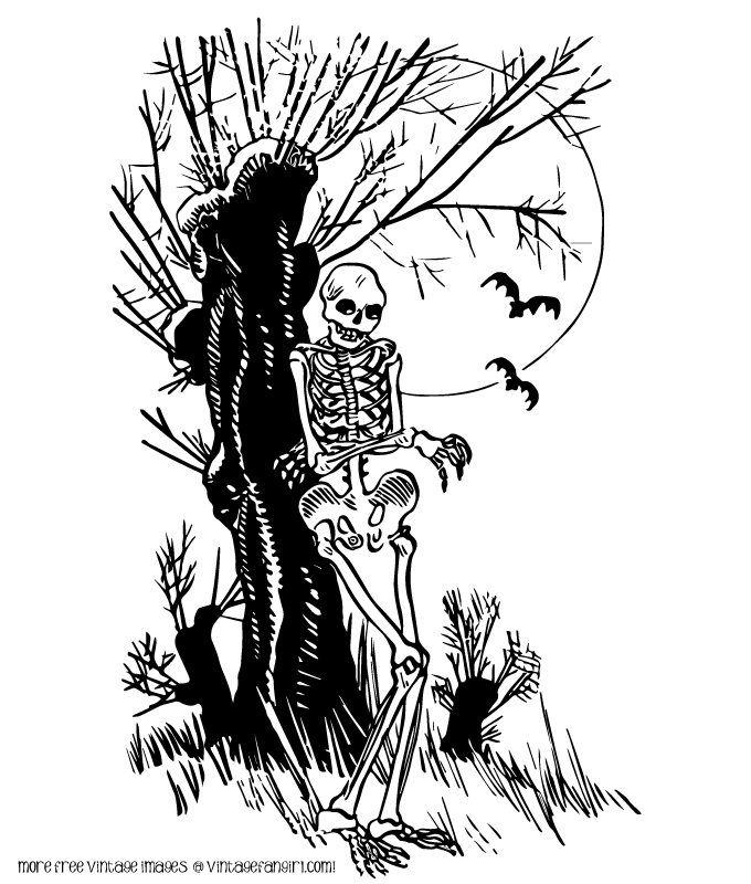 Creepy Black and White Halloween Skeleton Illustration