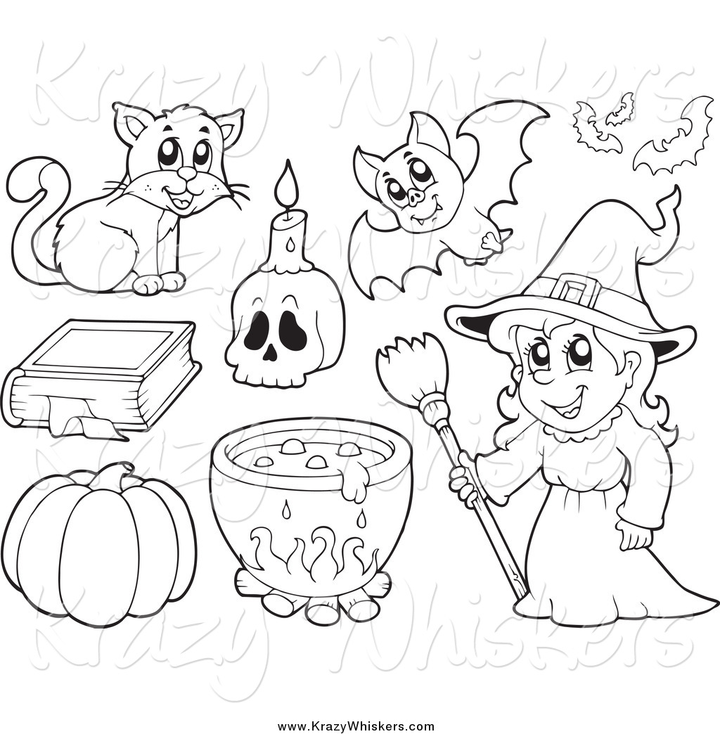 Critter Clipart of a Black and White Witch and Halloween