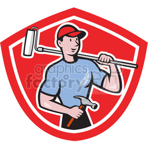 Handyman holding hammer and paint roller logo clipart