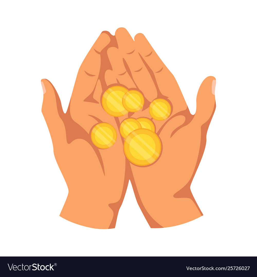 Coins in hands palms flat