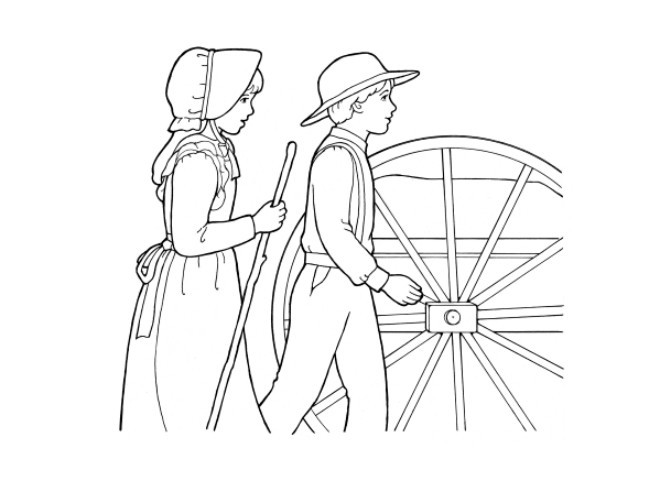 Pioneers pulling handcart.
