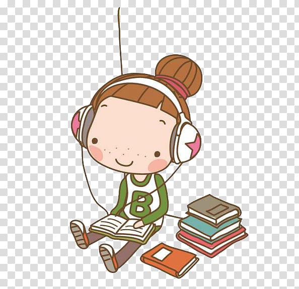 Girl listening to headphones while reading book art, Cartoon