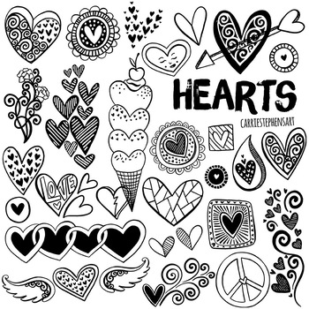Doodle Heart Black Line and Silhouette ClipArt, Valentine, Mother