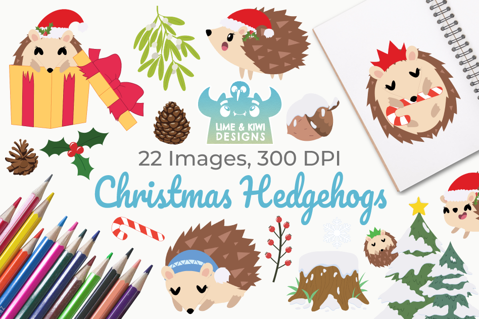 Christmas Hedgehogs Clipart, Instant Download Vector Art