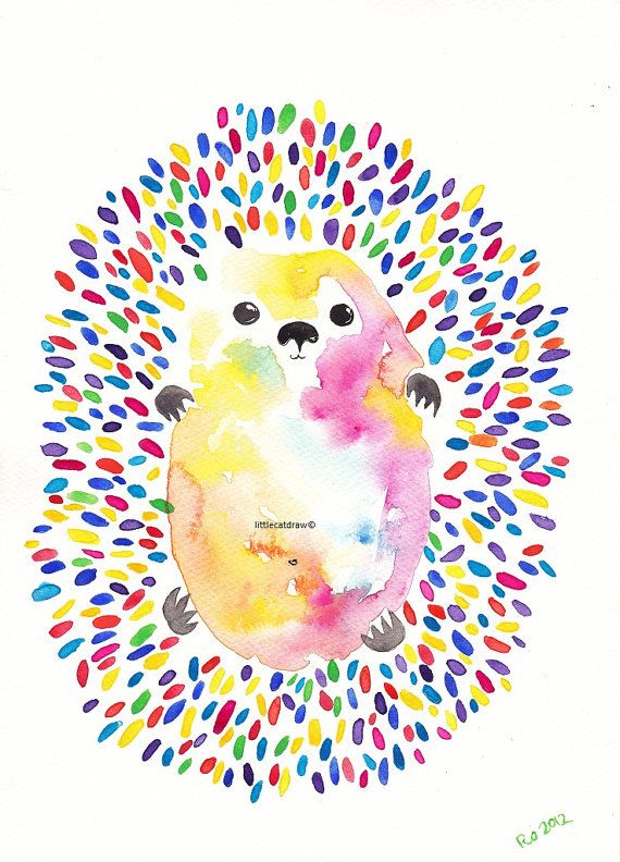 Hedgehog Print Watercolor Painting Art Print Rainbow