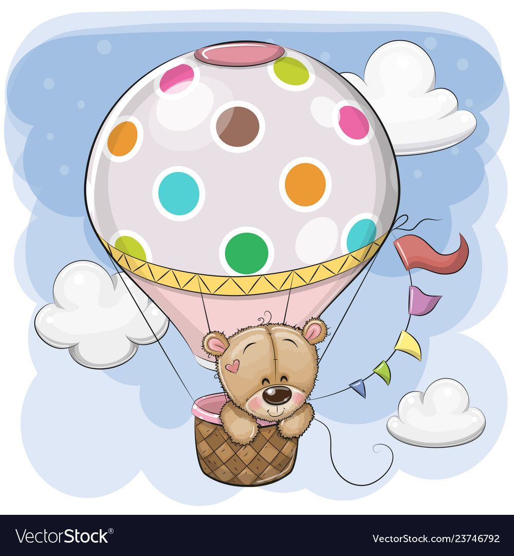 Cute teddy bear is flying on a hot air balloon Vector Image